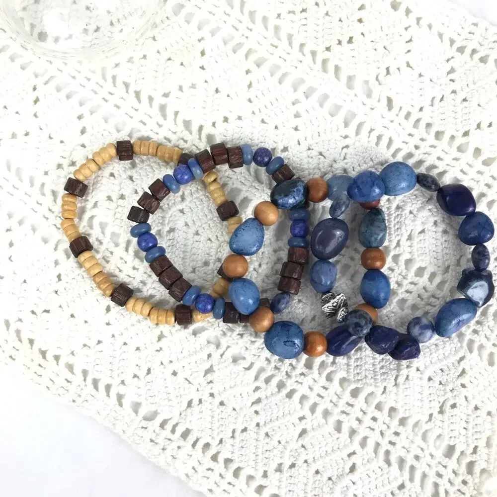 Natural Stone Wood Meditation Reiki Bracelets Blue